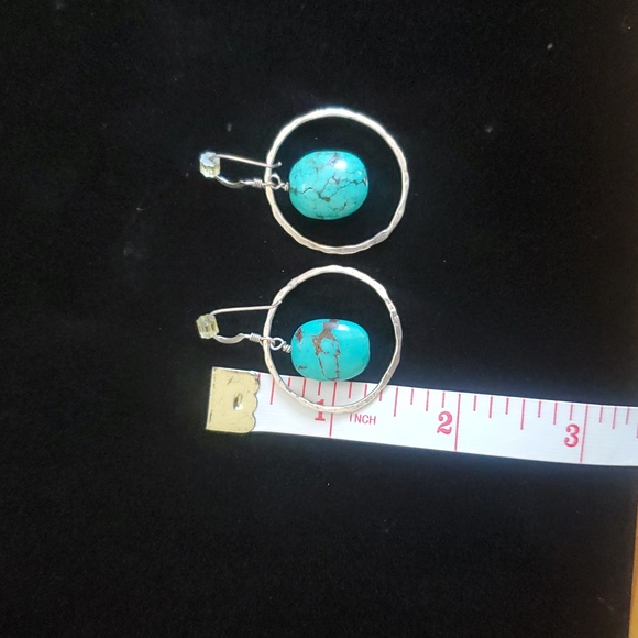Sterling silver 925 turquoise stones southwest style, dangle earrings. Hammered - Picture 4 of 8